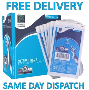 PREMIER STERILE BLUE EXAMINATION GLOVES NITRILE PERFORMER LATEX FREE POWDER FREE - Picture 1 of 3