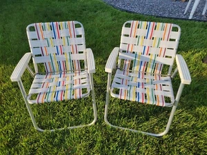 Vintage Aluminum Frame Webbed Folding Lawn Chairs - Pair - Picture 1 of 5