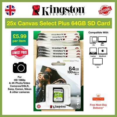 25x Kingston Canvas Select Plus 64GB SD Memory Card, Wholesale, Bulk, Job Lot - Image 1 of 4