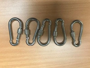5 FIVE Quality Silver Stainless Steel Snap Hook with Screw Lock 50X5mm Carabiner - Picture 1 of 4