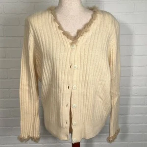 Sideffects Strickjacke Damen XL beige Kaninchenfellbesatz Lammwolle Pullover Angora Vintage - Bild 1 von 12
