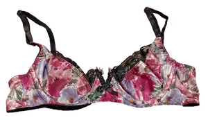 34A Womens Underwire Bra Purple Pink Floral Back Closure Black Lace Trim - Picture 1 of 2