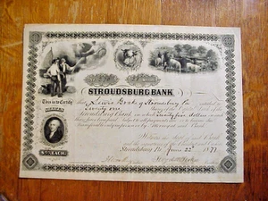 STROUDSBURG BANK Canceled Stock Certificate 1877 with Great Artwork - Picture 1 of 5