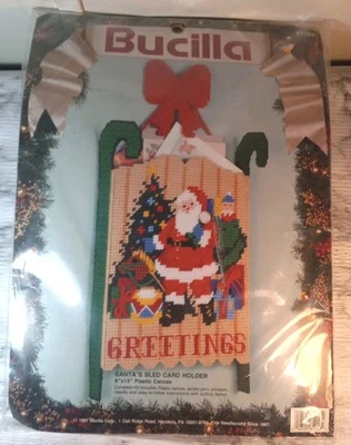 Bucilla Santas Sled Card Holder Plastic Canvas Kit 61153 Sealed 1991 Christmas - Image 1 of 4