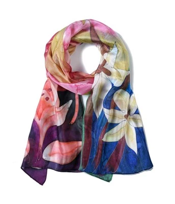 Women's 100% Mulberry Silk Scarf Long Hand Painted Floral Design Shawl Wrap Foto 1 de 4