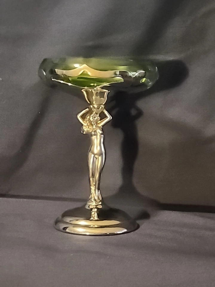 Farber Bros 30’s Art Deco  Nude Chrome Stem Compote Cambridge Rare Green Glass8" - Image 1 of 4