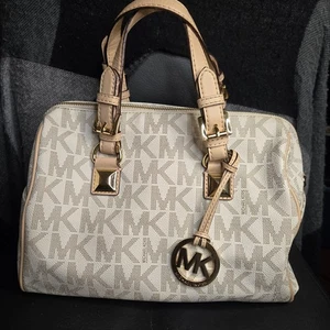 Michael Kors Grayson Signature Jacquard Satchel Handbag Cream Beige MK Logo - Picture 1 of 22