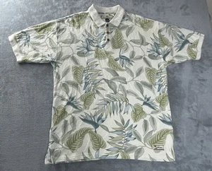 Tommy Bahama Polo Shirt Mens L Beige All Over Leaf Hawaiian Silk Cotton Hawaii - Picture 1 of 14