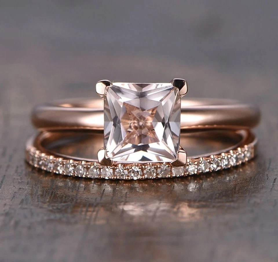 Princess Cut Simulated Peach Morganite Bridal Band Ring In 14k Rose Gold Plated - Image 1 of 4