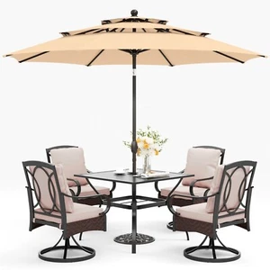 Patio Dining Furniture Set with Umbrella Swivel Chairs Outdoor Table - Picture 1 of 14