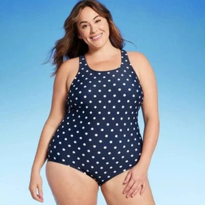 Lands' End Women's 1X 16W/18W Blue Polka Dot Print High Neck 1 Piece Swimsuit - Picture 1 of 5
