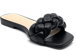 Soda Ball Damen offene quadratische Zehenpartie Komfort Mode geflochten gewebte flache Sandalen schwarz - Bild 1 von 2