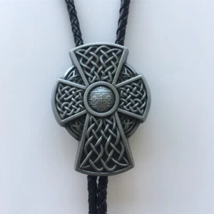 Antique Brushed Silver Celtic Cross Knot Cowboy Bolo Tie also Stock in US - Picture 1 of 6