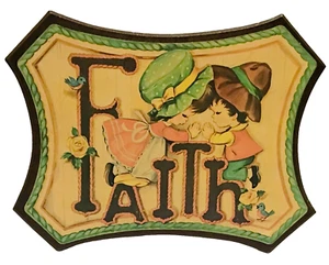 Vintage Wood Wall Plaque Faith Boy Girl Pray 1970s 10x13 Farmhouse CountryCore - Imagen 1 de 3