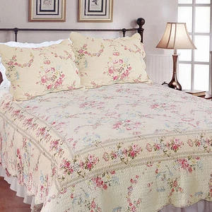 NEW! ~ COZY ROMANTIC PINK ROSE RED GREEN BLUE IVORY WHITE VICTORIAN QUILT SET - Picture 1 of 6