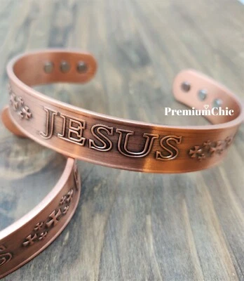 PURE SOLID COPPER Magnetic Bracelet Men's Arthritis Therapy Jesus INRI Cuff - Image 1 of 4