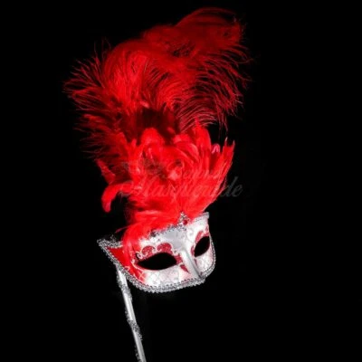 Handheld Stick Mask | Feather Masquerade Mask M6150 Red - Image 1 of 4