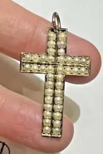 Victorian 14k Yellow Gold tested Cluster Seed Pearls Cross Religious Pendant - Picture 1 of 9