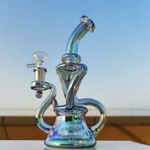 9 Inch Metalic Rainbow tinted Recycler Glass Bong Water Pipe Bongs Hookah 14MM - Picture 1 of 8