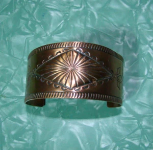 Vintage Solid Copper Cuff Bracelet South West Western Diamond Engraved Design - Picture 1 of 7