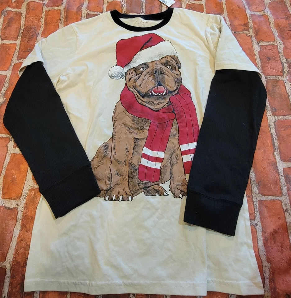 The Children's Place Boys Christmas Shirt Sz 14 dog with Santa hat nwt - Image 1 of 1