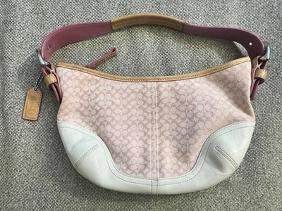 Rare Vintage Coach 6351 Signature Jacquard Pink & White Hobo Bag Canvas Leather - Image 1 of 4
