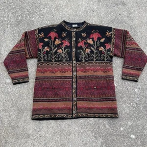 Vintage Icelandic Design Wool Sweater Jacket XL Red Lined Paisley Fair Isle - Picture 1 of 9
