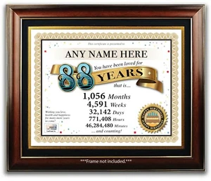 PERSONALIZED HAPPY 88th BIRTHDAY CERTIFICATE / CARD - 88 Year Old - PRESENT GIFT - Picture 1 of 2