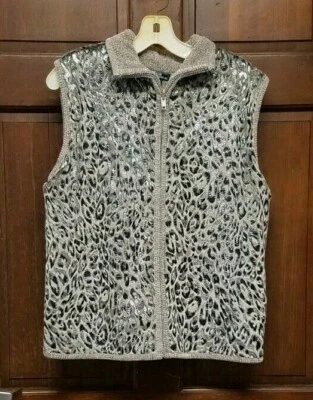Chaleco para mujer Lisa International plateado y beige animal estampado de leopardo talla L usado en excelente estado Foto 1 de 4