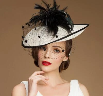 Mujer Kentucky Derby Iglesia Boda Noble Vestido Lino Pluma Sinamay Sombrero b696 Foto 1 de 4