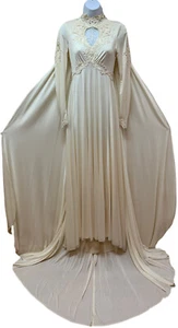 Vintage Wedding Dress with Attached Cape Style Train Lace Sheer Keyhole Front - Picture 1 of 12