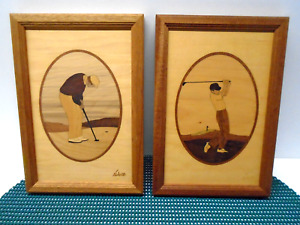 (2) ORIGINAL MARQUETRY WOOD ART! PUTTER/DRIVER GOLF SCENE SIGNED NELSON EX. COND