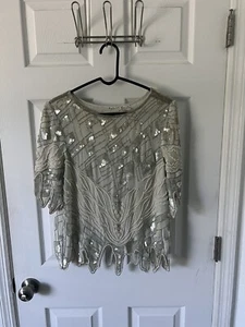 Vtg Swee Lo Women’s 100% Silk Size Medium Blouse Top Sequin Ivory Flapper Gatsby - Picture 1 of 3