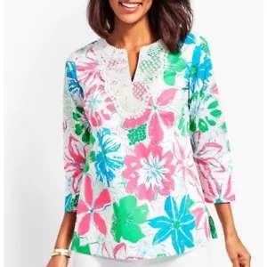 Top tunica bavaglino pizzo Talbots rosa anguilla floreale taglia med ricamato boho - Foto 1 di 12