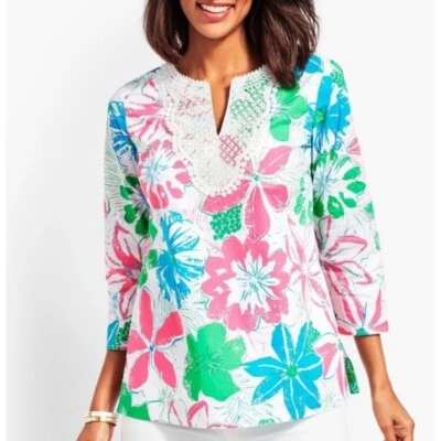 Talbots Lace Bib Tunic Top in pinkAnguilla Floral Size Med Embroidered Boho - Image 1 of 4