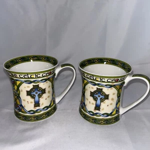 Irish Weave by Clara Celtic Cross Bone China Coffee Mug Tea Cup Curved Lip Set2 - Picture 1 of 7