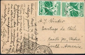3187 CARTOLINA DALLA POLONIA AL CILE 1949 KRYNICA 8/7/49 - Foto 1 di 2