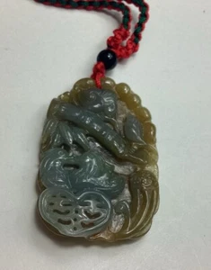 Green Two Sided Jadeite 2 Love Birds, Bamboo & Heart Translucent Pendant - Picture 1 of 15