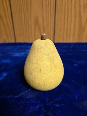 Hand Carved Painted Stone PEAR Fruit Vintage Alabaster Marble Wood Stem Patina - Image 1 of 4