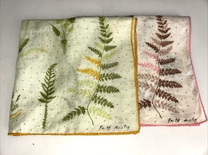 Vtg Faith Austin Green & Pink Leaf Design 2 Handkerchiefs 14" x 14" Rolled Edge - Picture 1 of 5