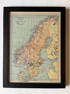 1927 Map of SWEDEN, NORWAY, DENMARK by C. S. Hammond 10" x 13" Frame SEE DESCRIP - Image 1 of 3