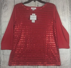 Liz Claiborne Top Sequin Striped 3/4 Sleeve Cabaret Red Pullover Petite Large - Picture 1 of 4