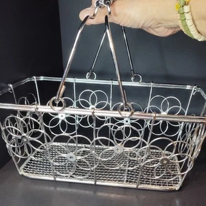 Beautiful Metal Silver Wire Handle Basket With Flowers Design 11.5"Lx7"Wx4.5"H - Picture 1 of 11