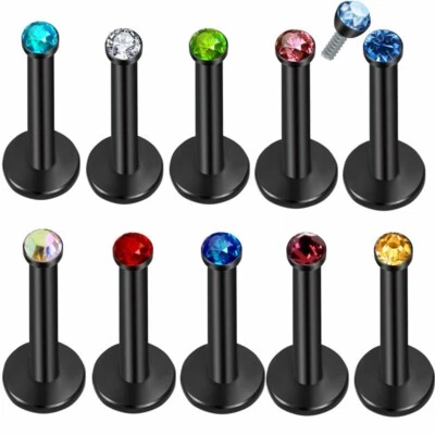 10pc Multicolour 8mm Bar CZ Labret Internal Thread Steel Ear Lip Stud Piercing - Imagem 1 de 4