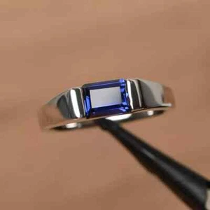 1Ct Emerald Cut Lab-Created Blue Sapphire Engagement Ring 14K White Gold Plated - Picture 1 of 6