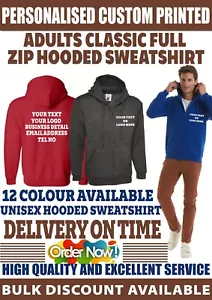 Personalised Custom Printed Full Zip Up Hoodie your text logo unisex workwear - Picture 1 of 12