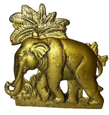 Vintage MCM Cast Iron Elephant w/ Palm Tree Door Stop/Bookend Gold 7.5” x 8” - Image 1 of 4