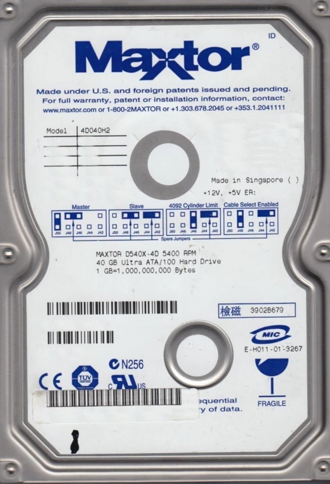 40 GB Ide Maxtor 4D040H2 D540X-4D P-Ata UDMA100 5400rpm 2MB HDD 3.5 " Hard Drive - Image 1 of 1