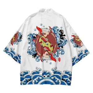 Men Lucky Carp Koi Haori Kimono Yukata Shirt Cardigan Tops Blouse Loose - Picture 1 of 7