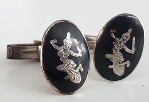 Vintage Siam Sterling Niello Dancer Puffy Oval Cufflinks 13/16" 7.58grams - Picture 1 of 6
